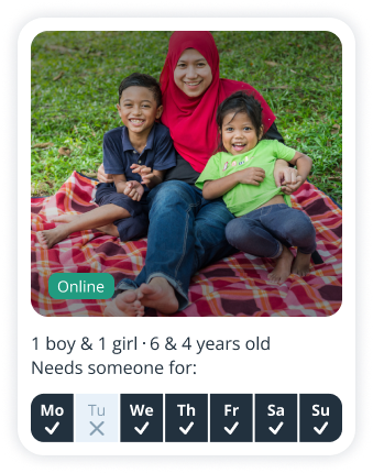 Parent profile on Sitly looking for a babysitter for a boy of 6 years old and a girl of 4 years old